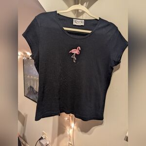 R&B Black Baby Tee Top with Pink Flamingo Embroidery